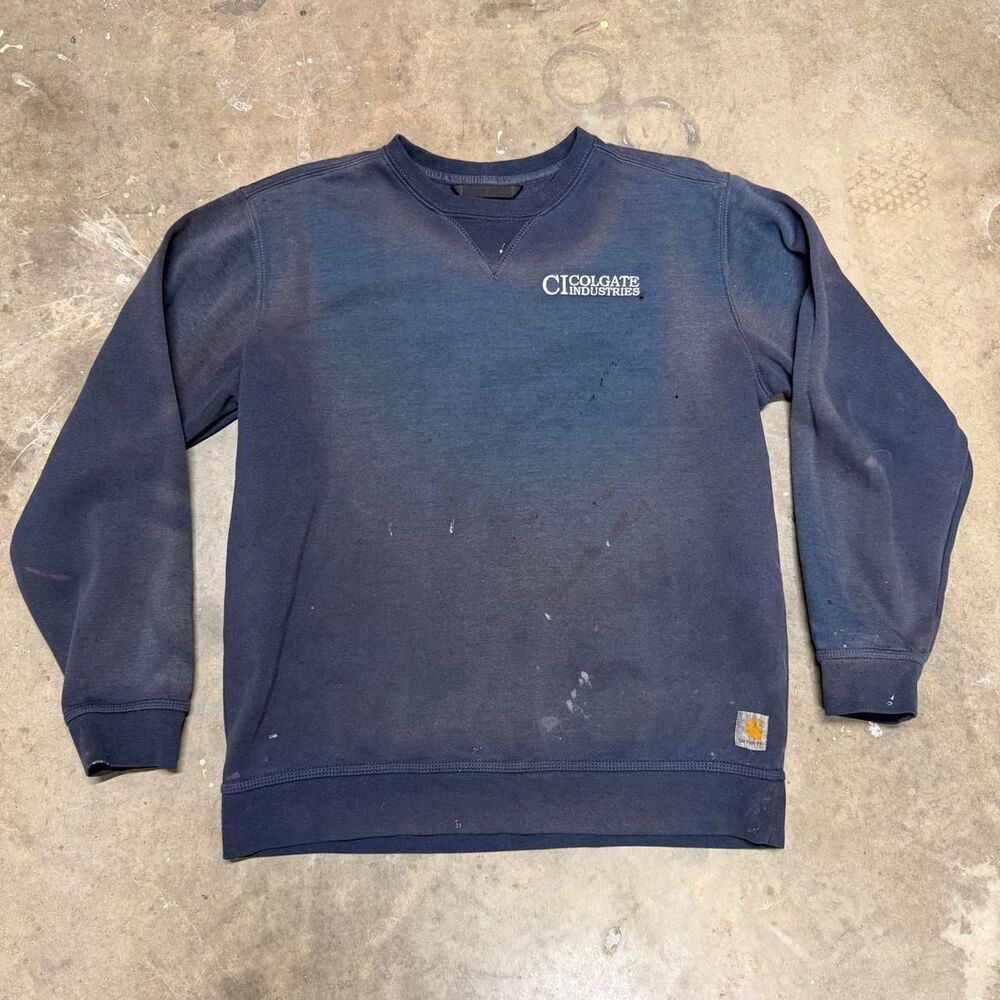 Faded Distressed Carhartt K124 Crewneck Sweatshirt Navy Large Workwear
